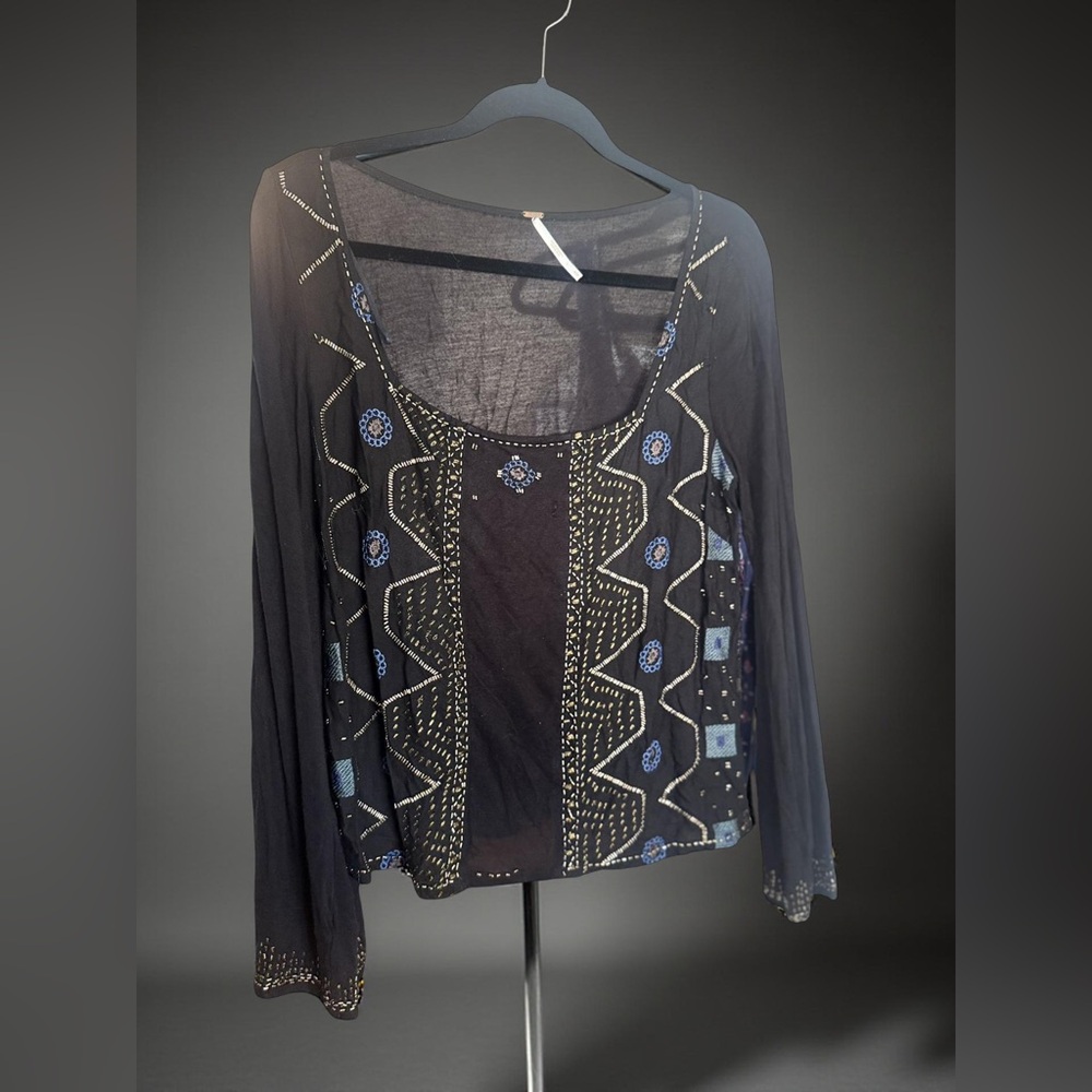 Free People Beaded Black Blouse with Blue and Gold Accents
